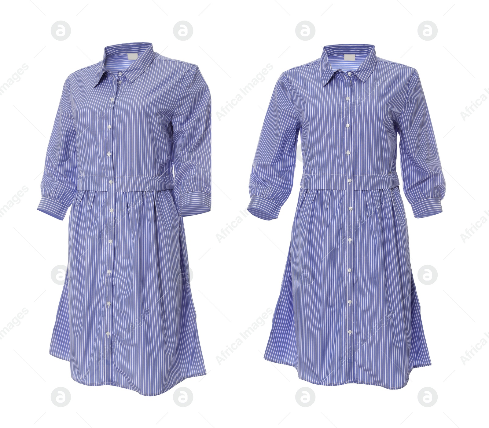 Image of Beautiful striped shirt dresses from different views on white background