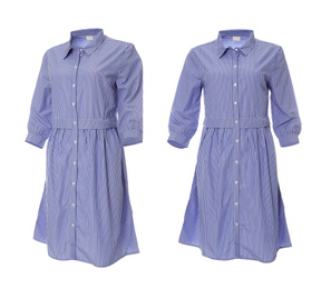 Image of Beautiful striped shirt dresses from different views on white background