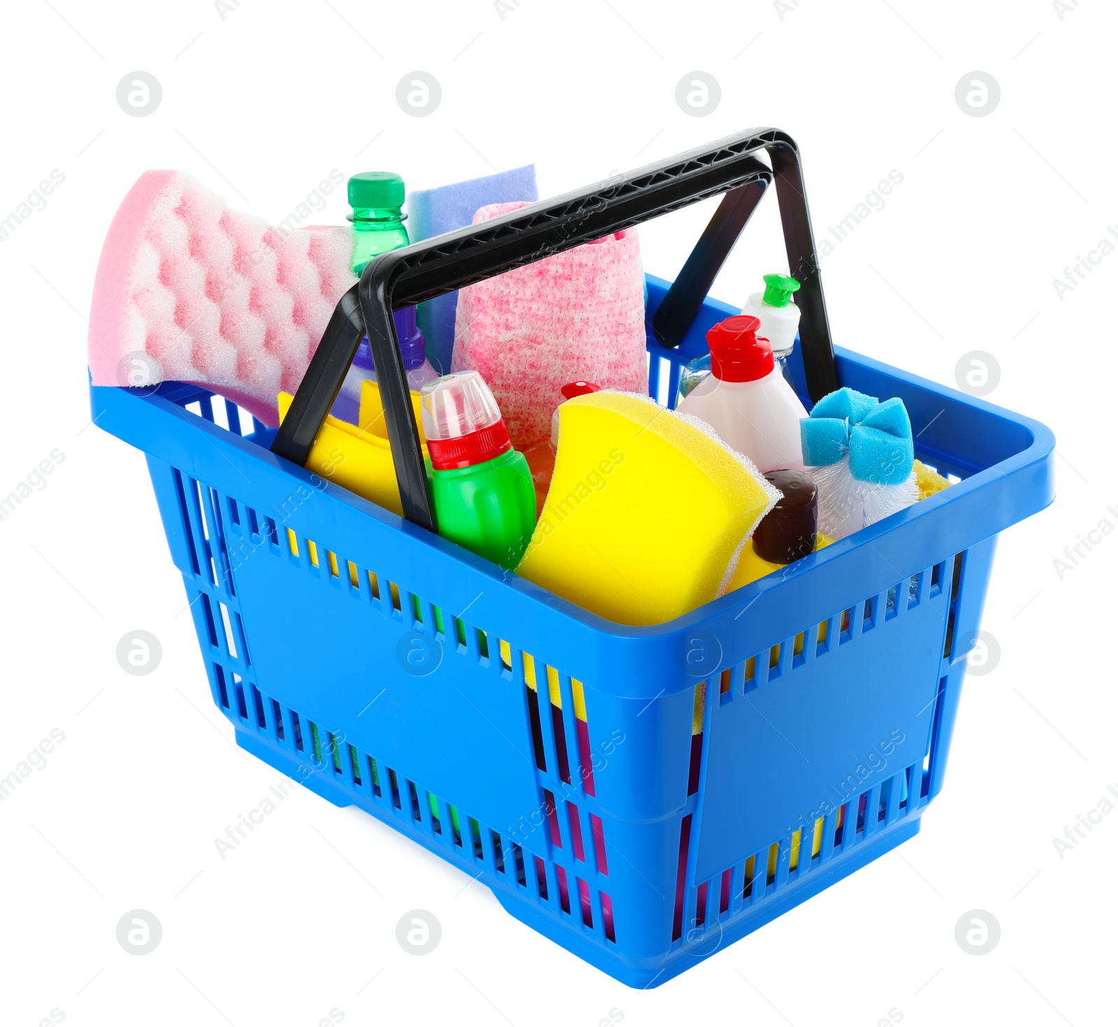 Photo of Shopping basket full of detergents on white background