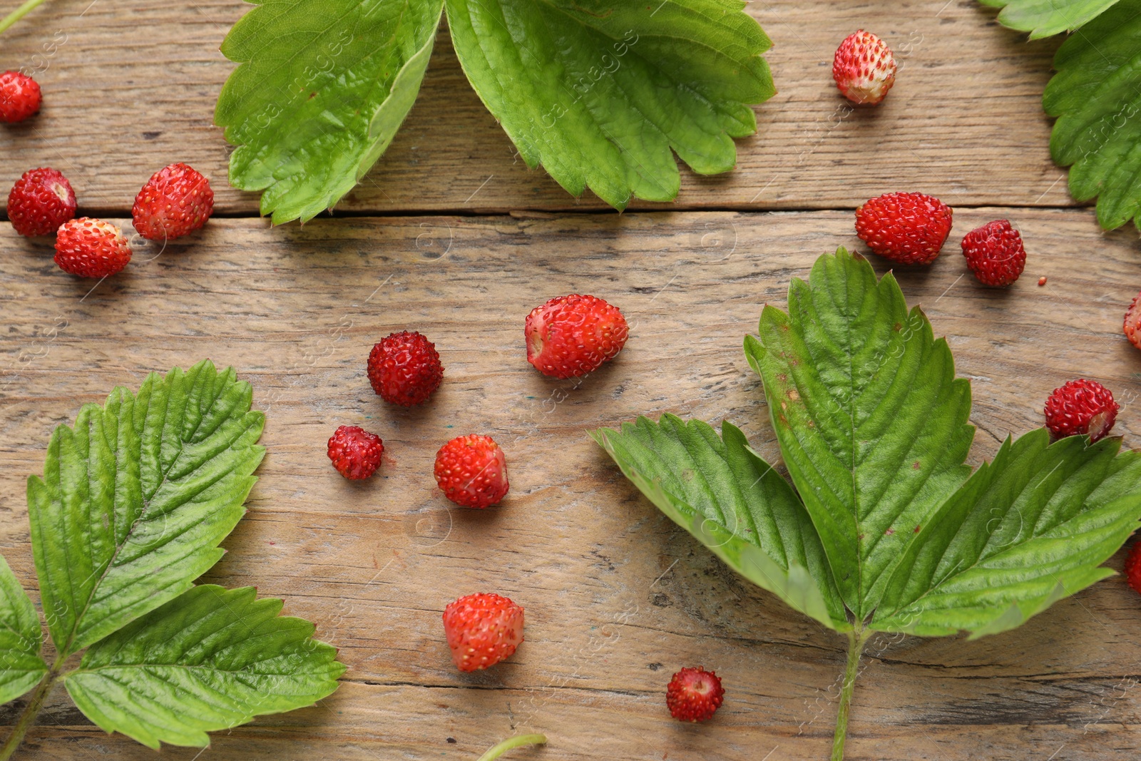 Photo of Many fresh wild strawberries and leaves on wooden table, flat lay