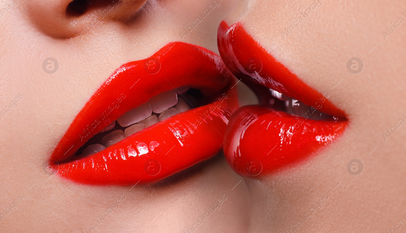 Image of Closeup view of girls kissing each other. Lesbian couple