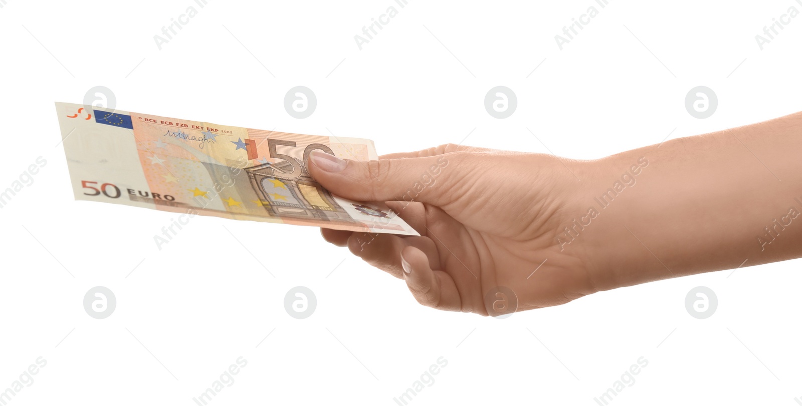 Photo of Woman with euro banknote on white background, closeup. Money and finance