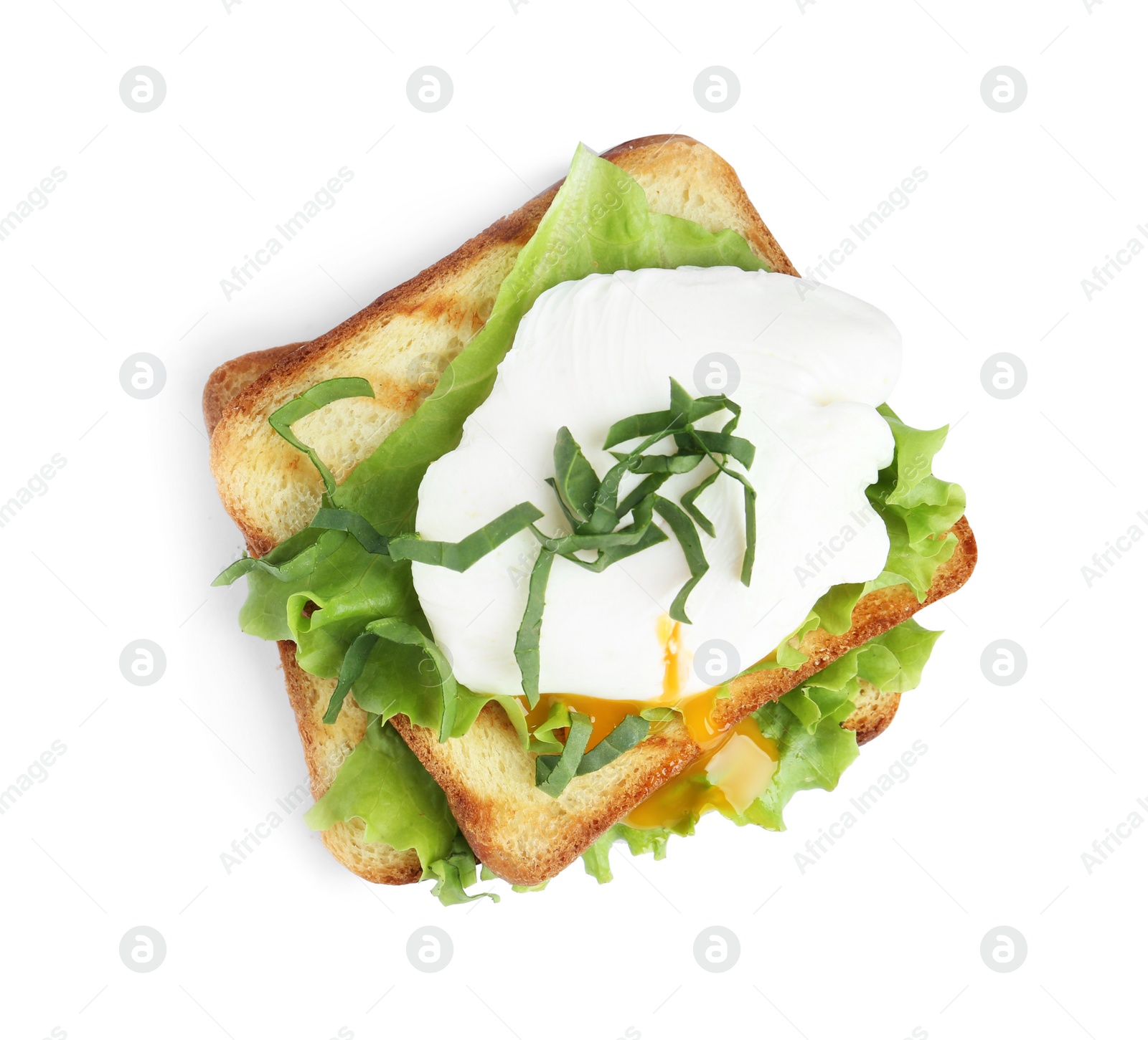 Photo of Delicious poached egg sandwich isolated on white, top view