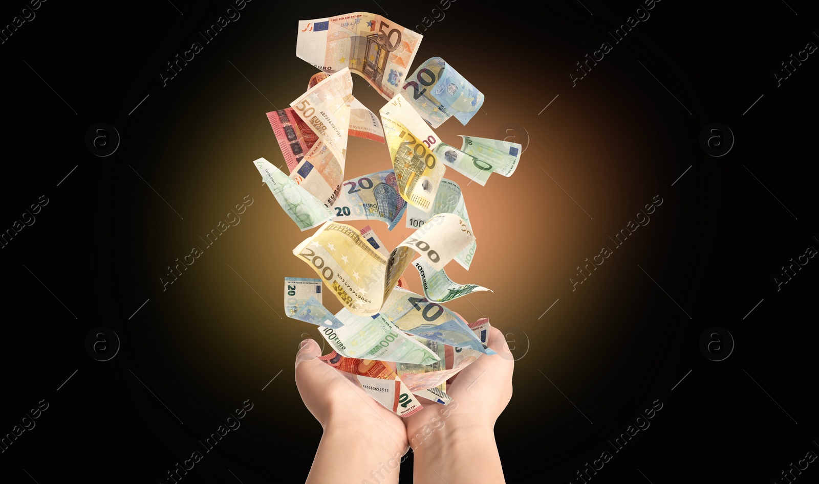 Image of Woman with money on dark background, closeup. Currency exchange