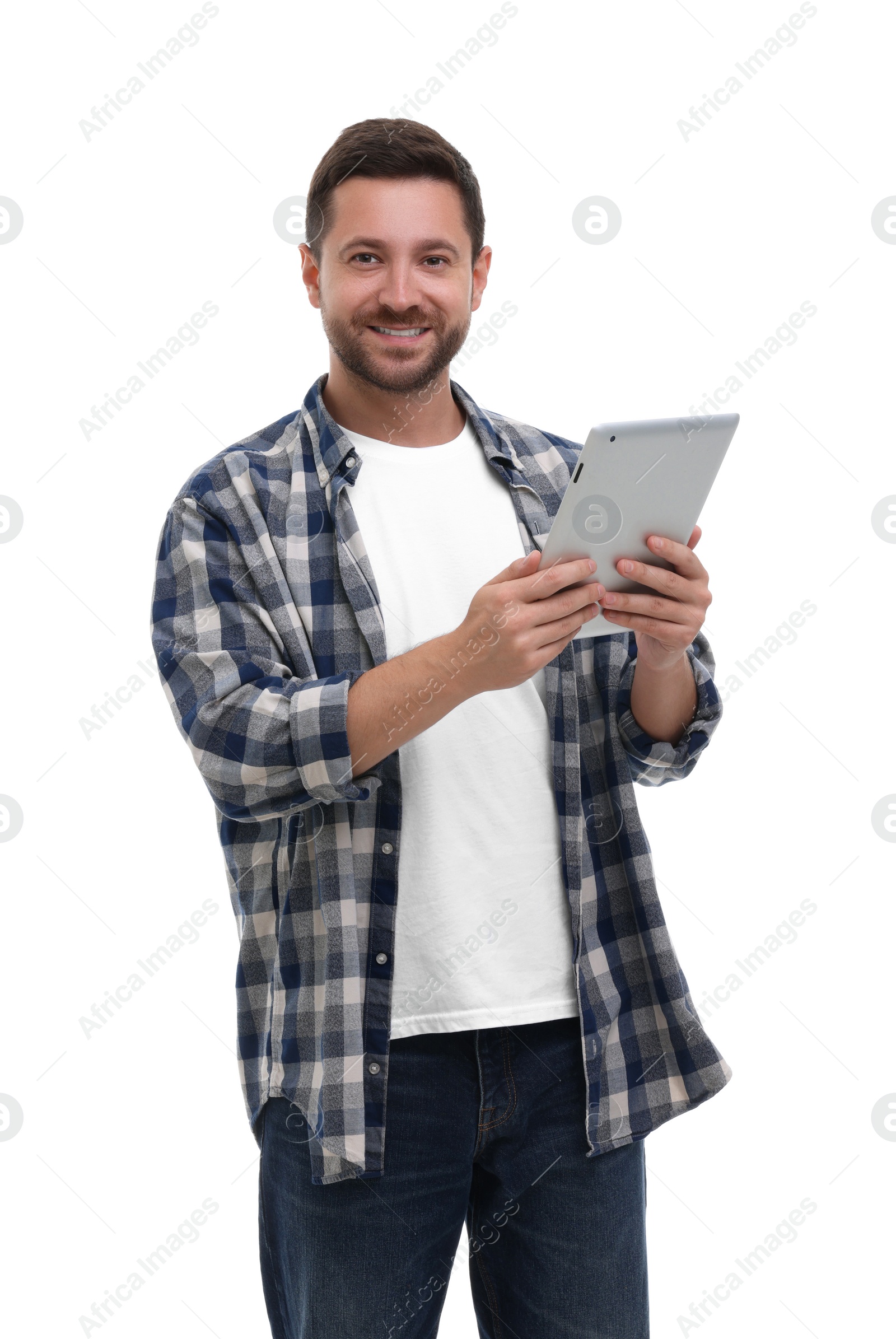 Photo of Happy man with tablet on white background