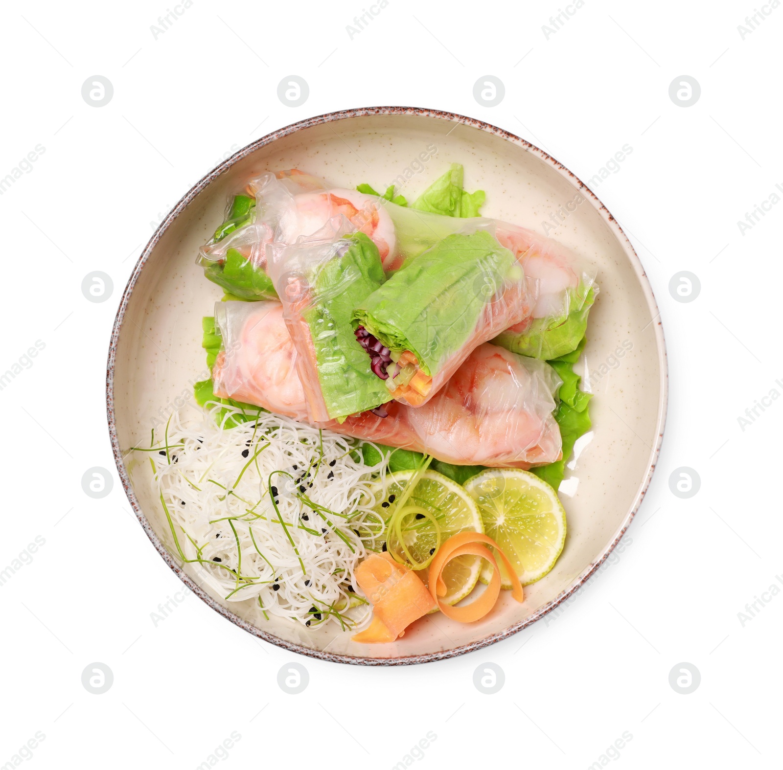 Photo of Delicious spring rolls wrapped in rice paper on white background, top view