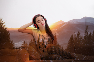 Double exposure of picturesque mountain landscape and beautiful woman in headphones listening to music