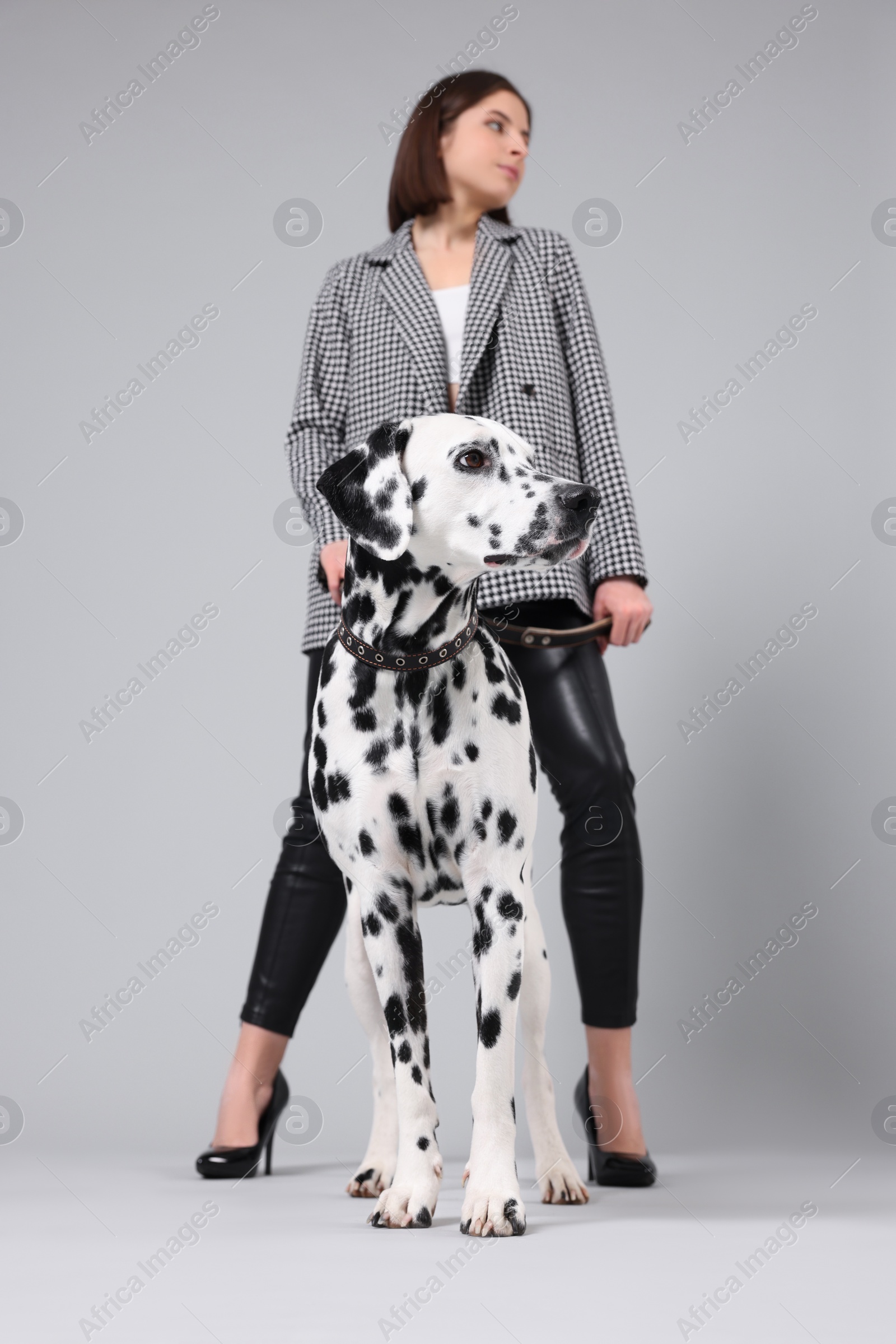 Photo of Beautiful young woman with her adorable Dalmatian dog on light grey background. Lovely pet