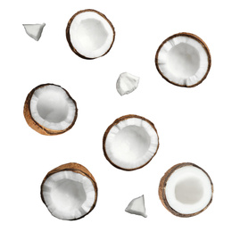 Image of Set with ripe coconuts on white background, top view