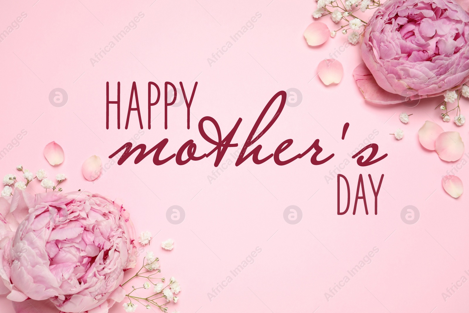 Image of Happy Mother's Day. Happy Mother's Day. Beautiful peony flowers on pink background, flat lay