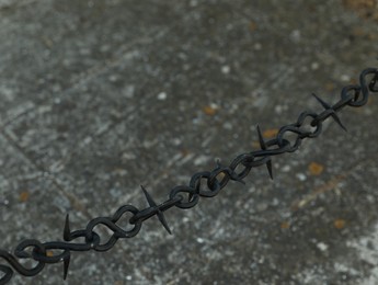 Photo of Beautiful black chain with spikes on grey background