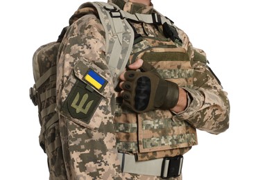 Photo of Soldier in Ukrainian military uniform with backpack on white background, closeup