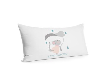 Image of Soft pillow with printed cute mouse isolated on white