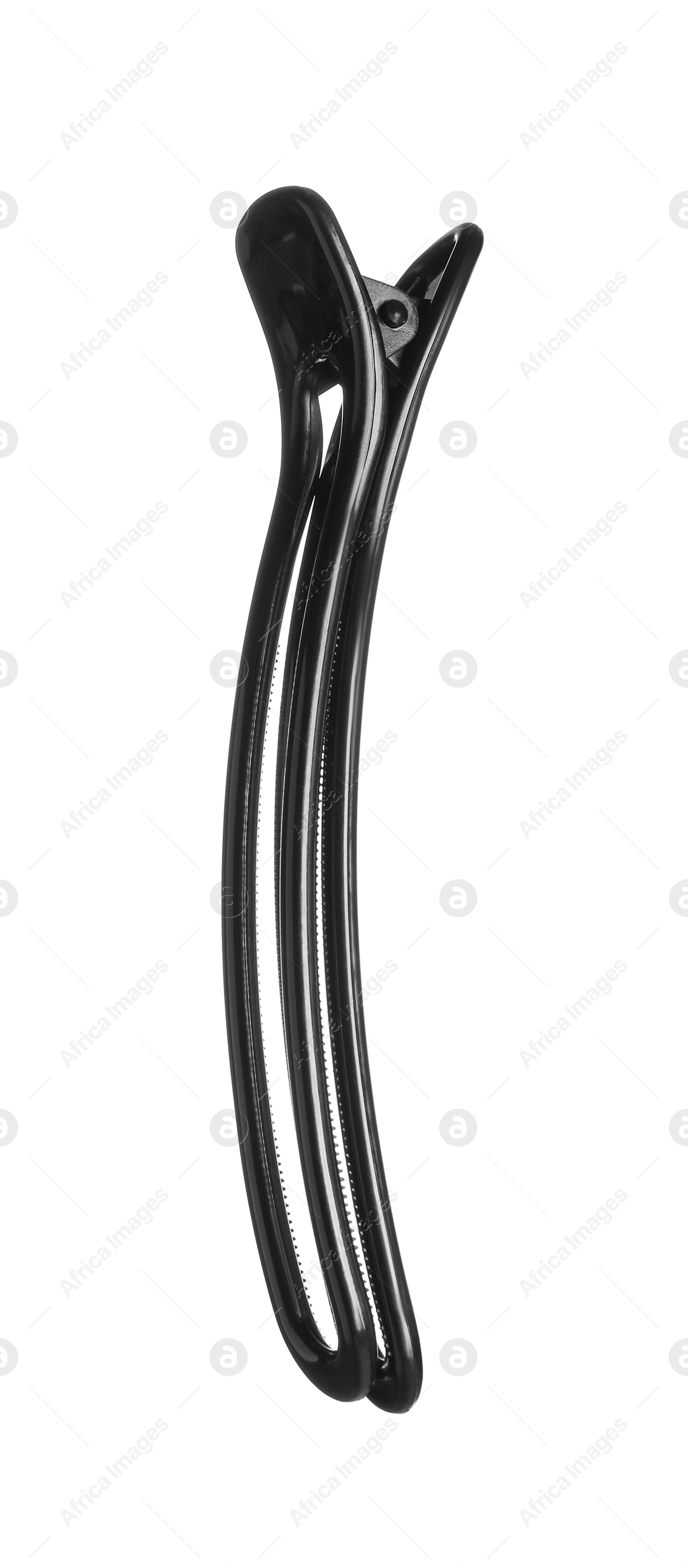 Photo of Hairdresser tool. Black hair clip isolated on white