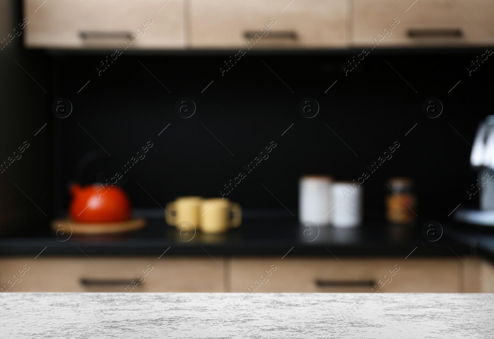 Image of White textured table in kitchen. Space for design