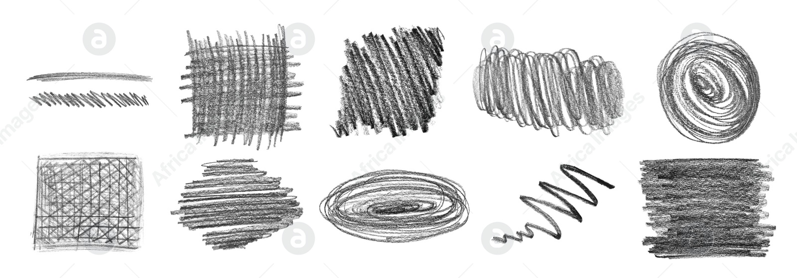 Image of Set with hand drawn pencil scribble on white background, top view. Banner design