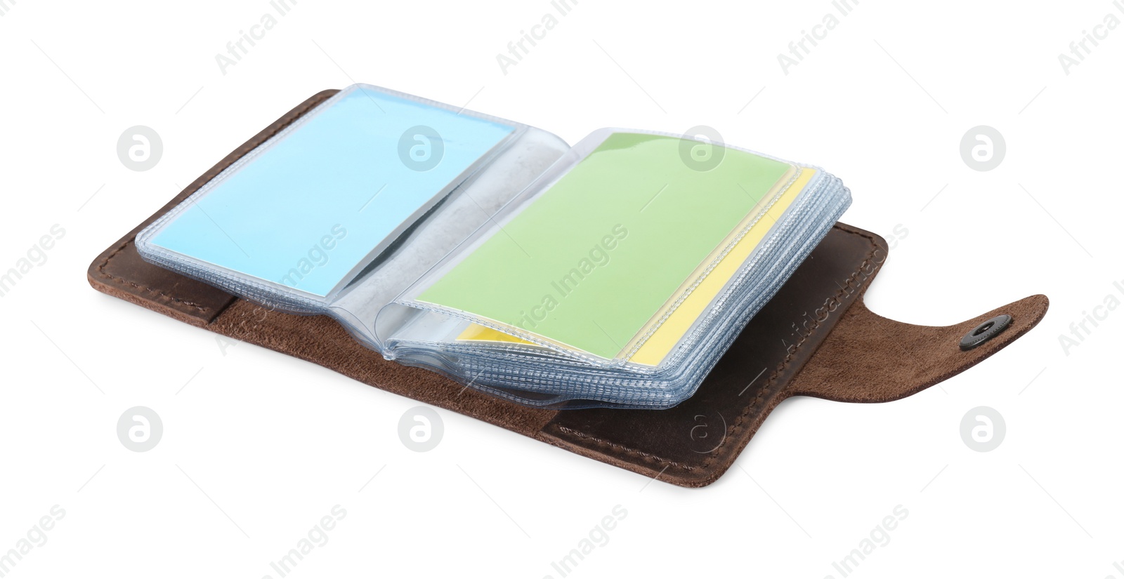 Photo of Leather business card holder with blank cards isolated on white