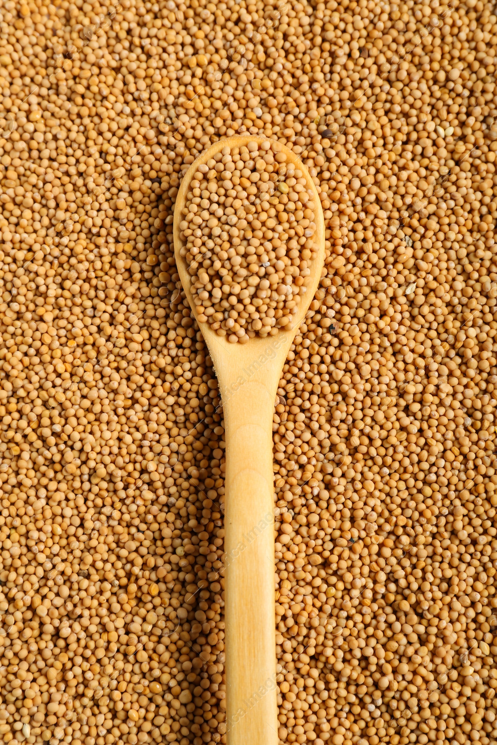 Photo of Mustard seeds and wooden spoon as background, top view