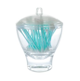 Photo of Cotton swabs in plastic jar on white background