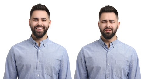 Image of Man showing different emotions on white background, collage