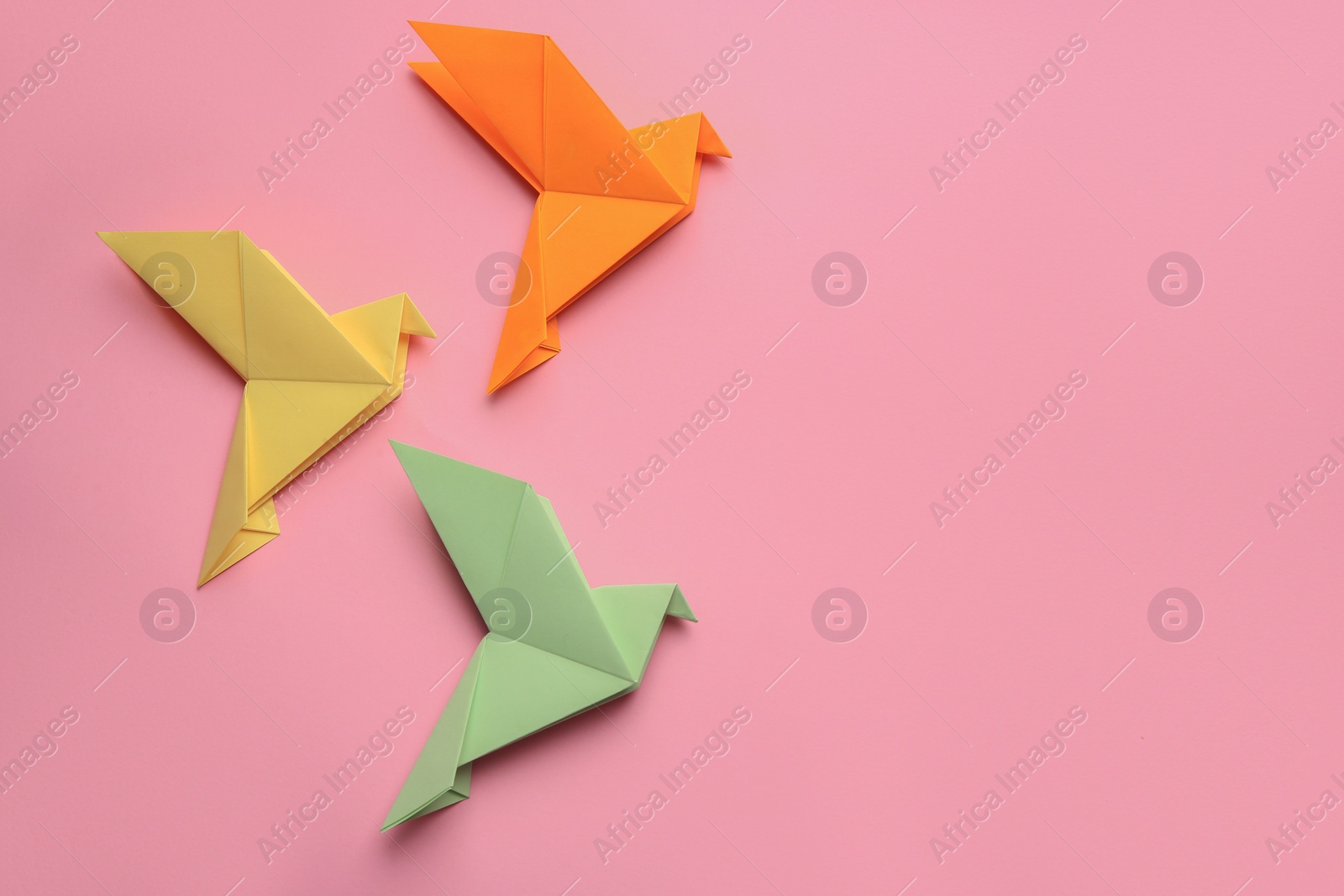 Photo of Beautiful colorful origami birds on pink background, flat lay. Space for text