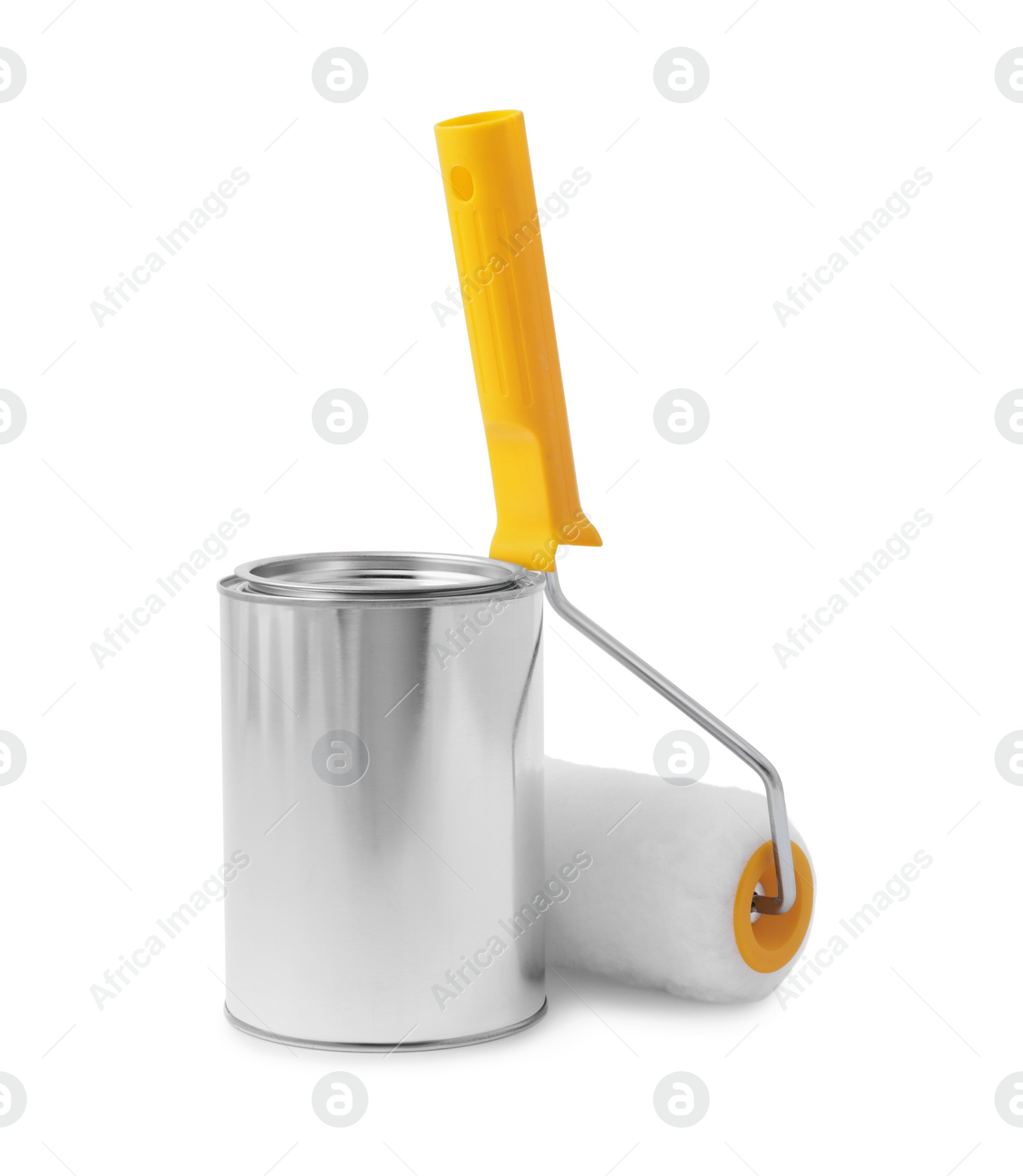 Photo of Can of paint and roller on white background