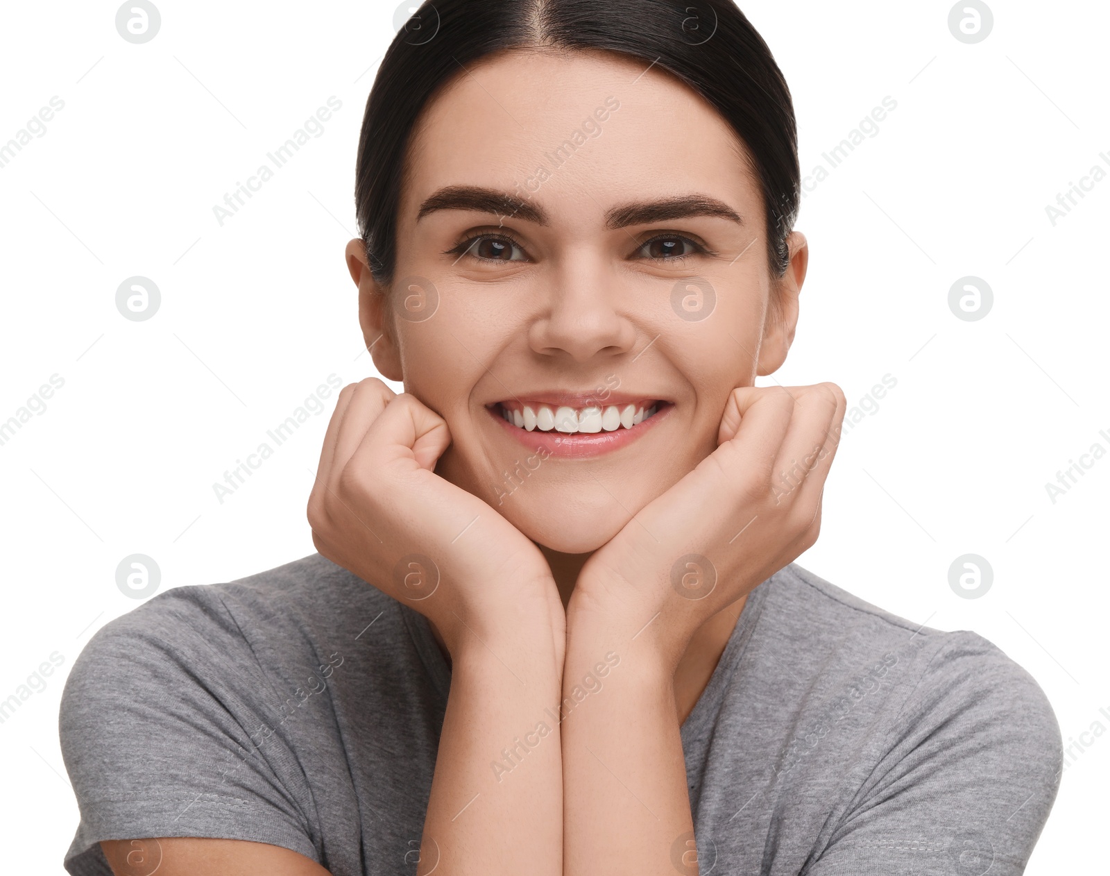 Photo of Young woman with clean teeth smiling on white background