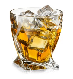 Photo of Whiskey and ice cubes in glass isolated on white