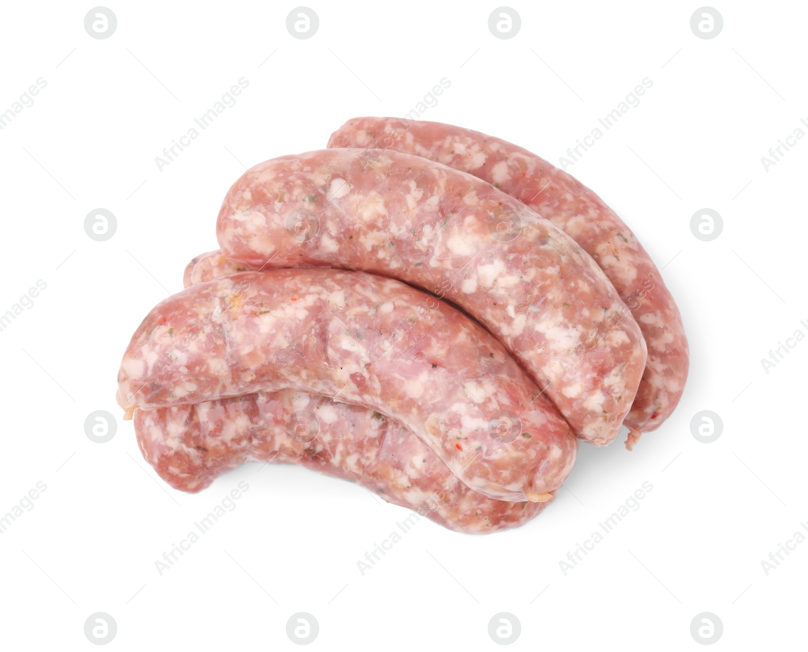 Photo of Fresh raw homemade sausages isolated on white, top view