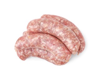 Fresh raw homemade sausages isolated on white, top view