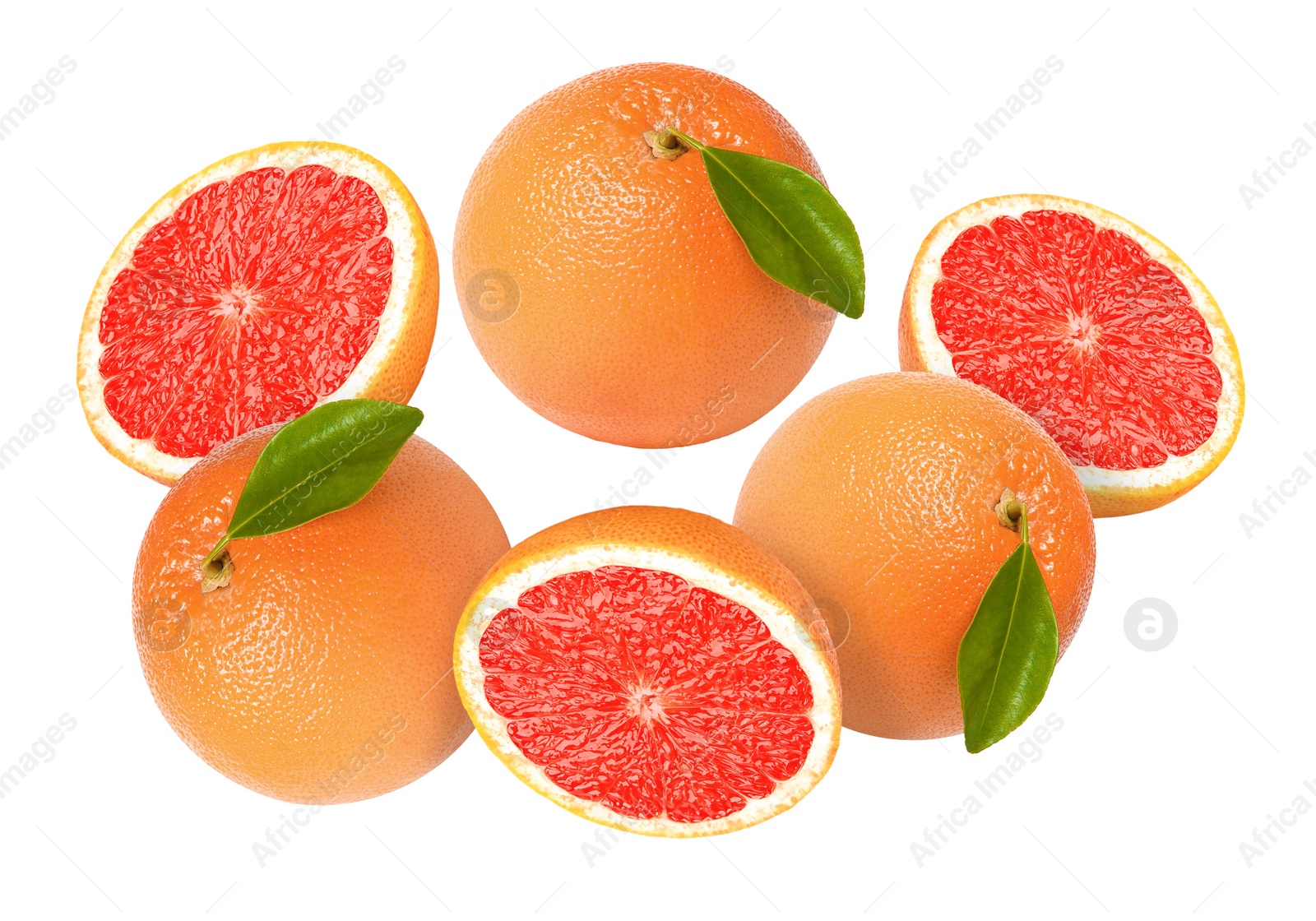 Image of Tasty ripe grapefruits falling on white background