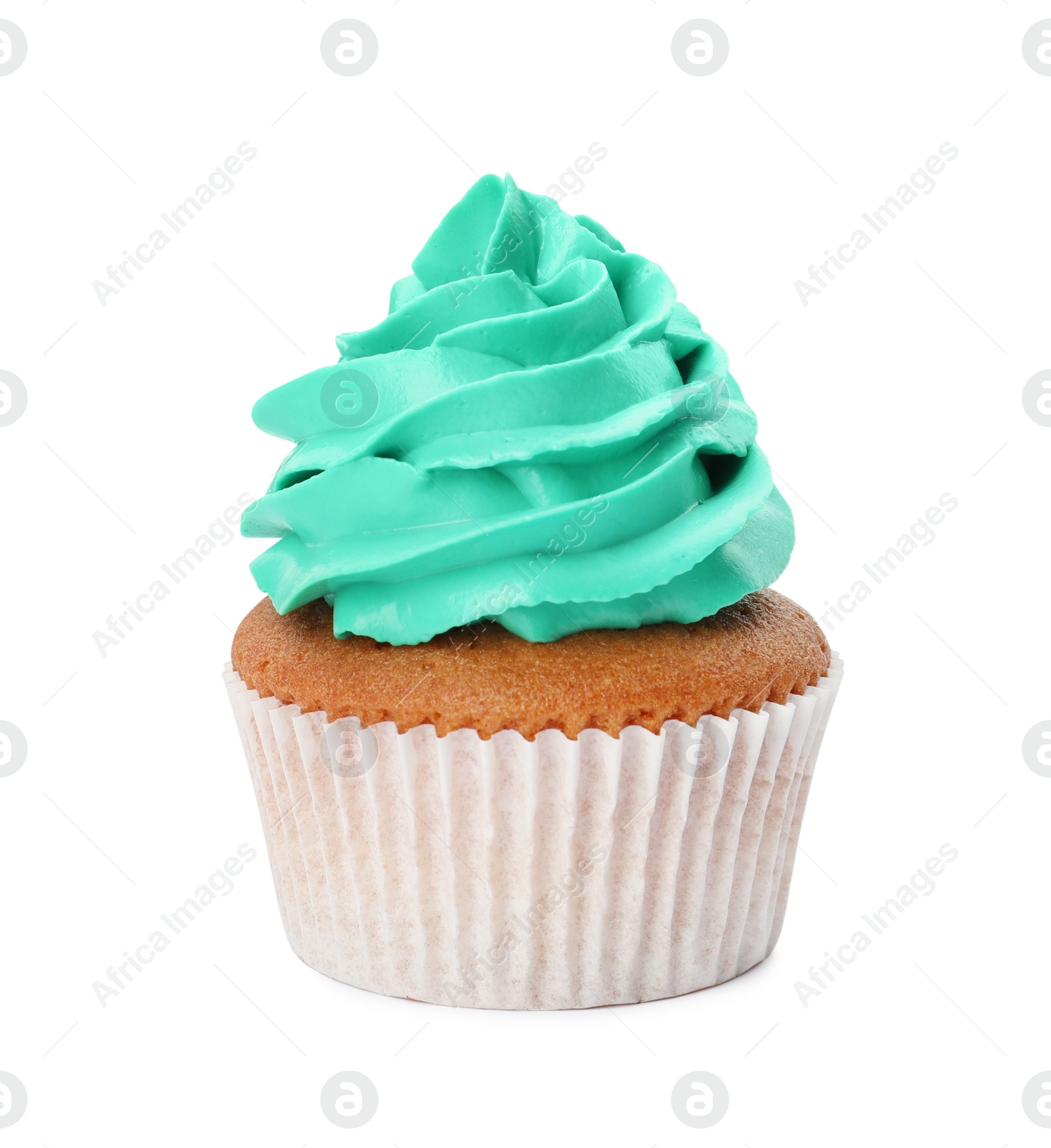 Photo of Delicious cupcake with turquoise cream isolated on white