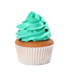 Photo of Delicious cupcake with turquoise cream isolated on white