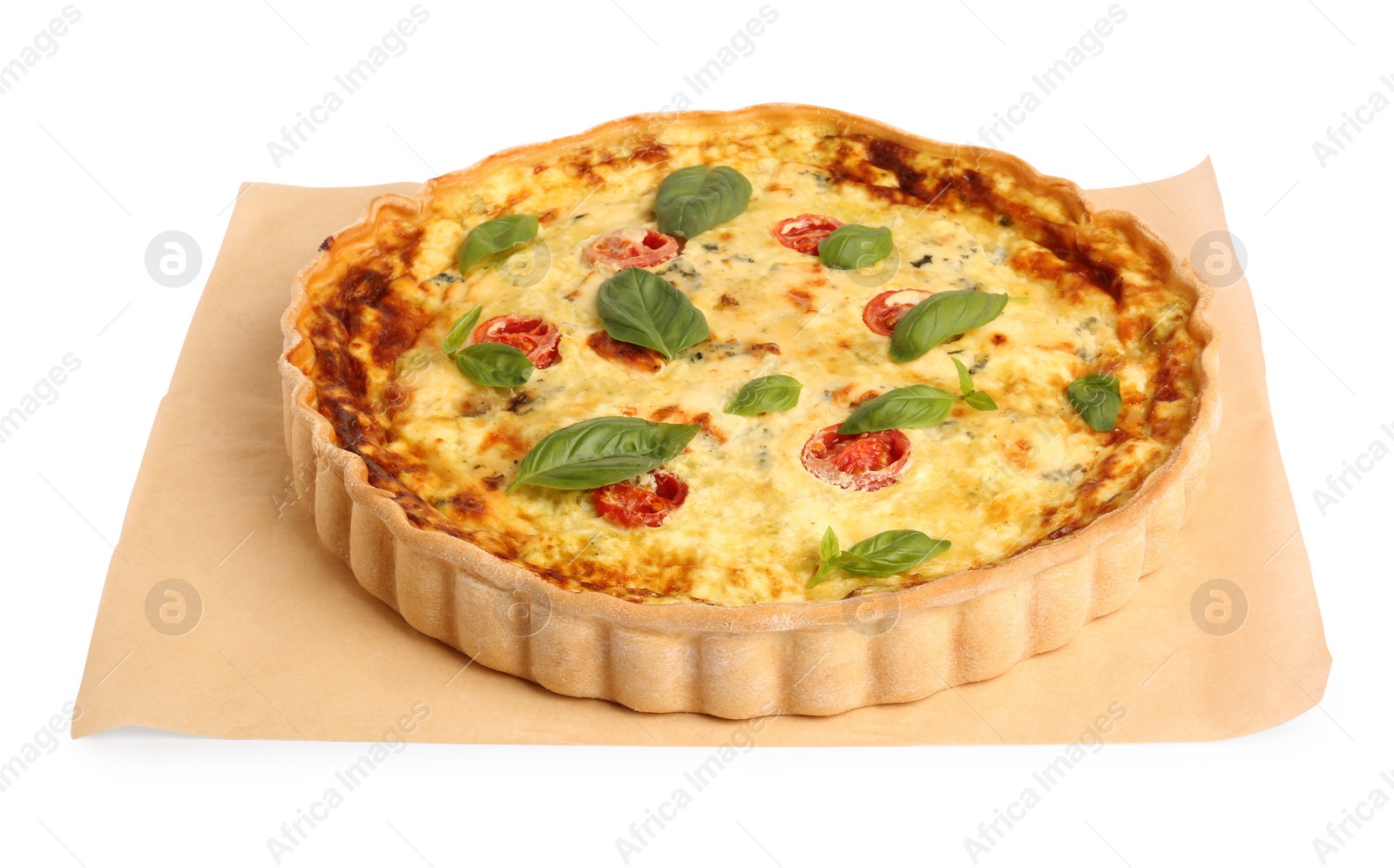 Photo of Delicious quiche with cheese, tomatoes and basil isolated on white