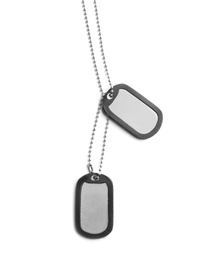 Photo of Metal military ID tags isolated on white