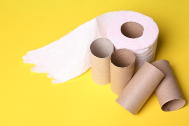 Photo of Toilet paper roll and empty tubes on color background