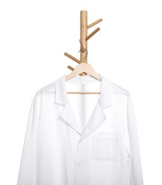 Photo of Doctor's gown on rack against white background. Medical uniform