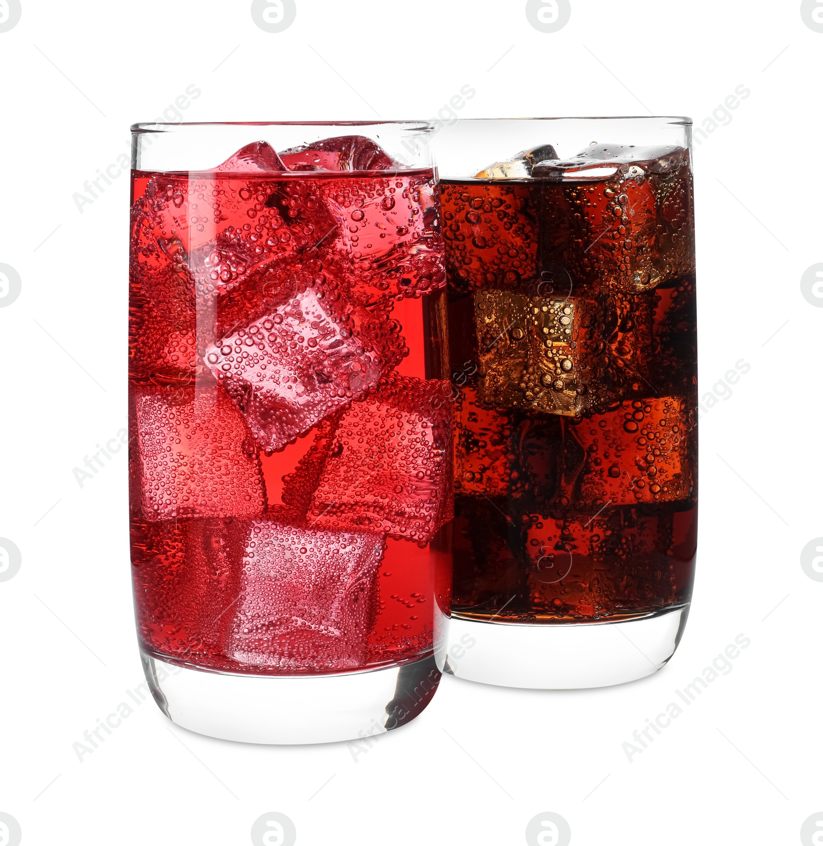 Photo of Glasses of different refreshing soda water with ice cubes isolated on white