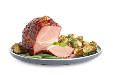 Delicious ham with brussels sprouts and rosemary isolated on white