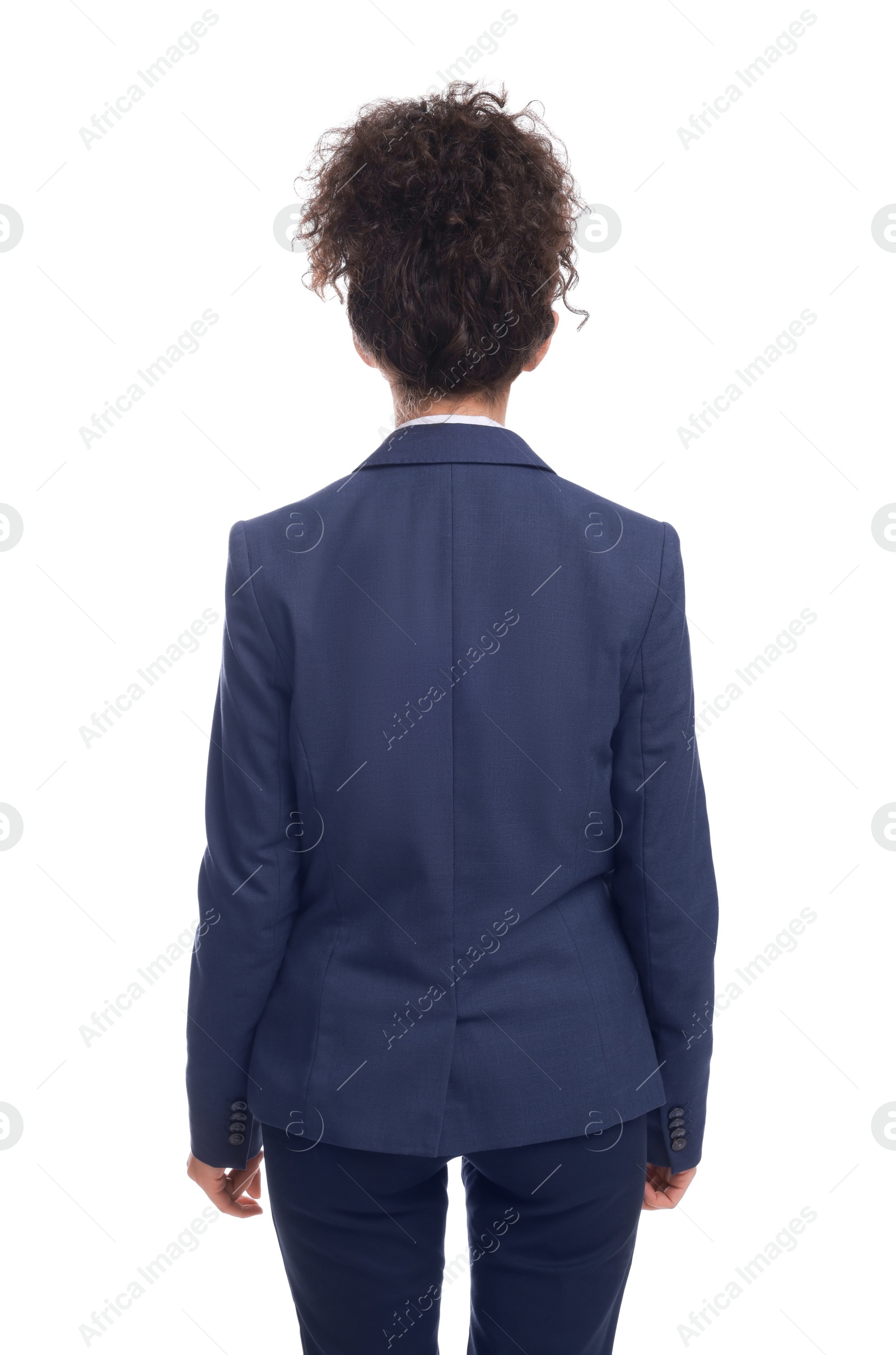 Photo of Businesswoman in suit on white background, back view