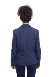 Photo of Businesswoman in suit on white background, back view