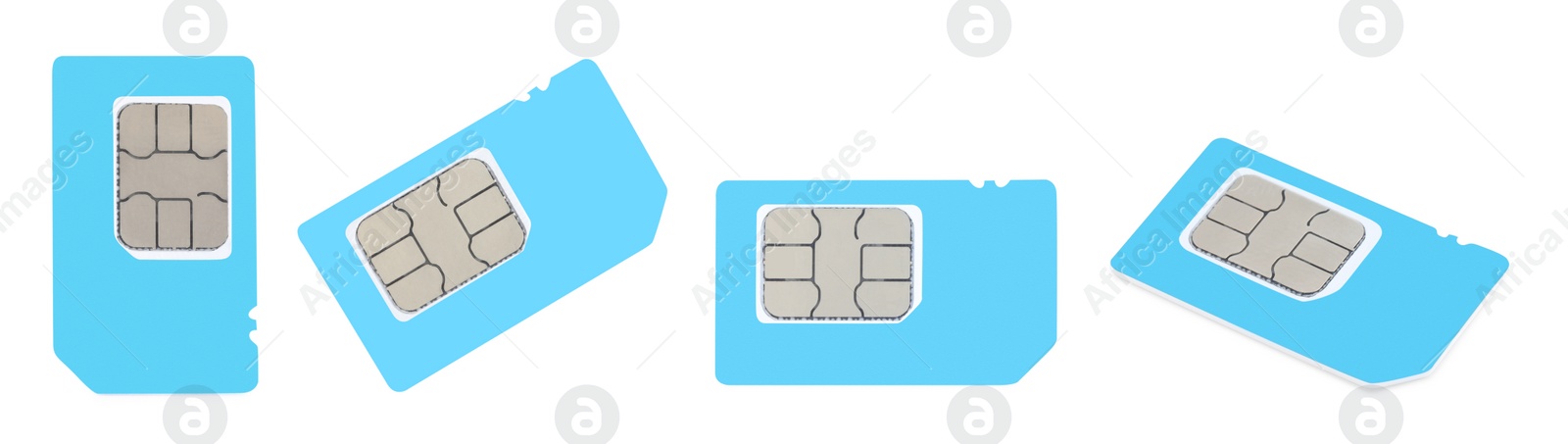 Image of Set with light blue SIM cards on white background. Banner design