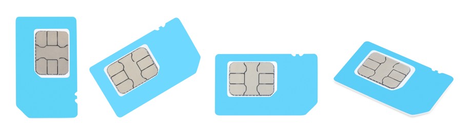 Set with light blue SIM cards on white background. Banner design