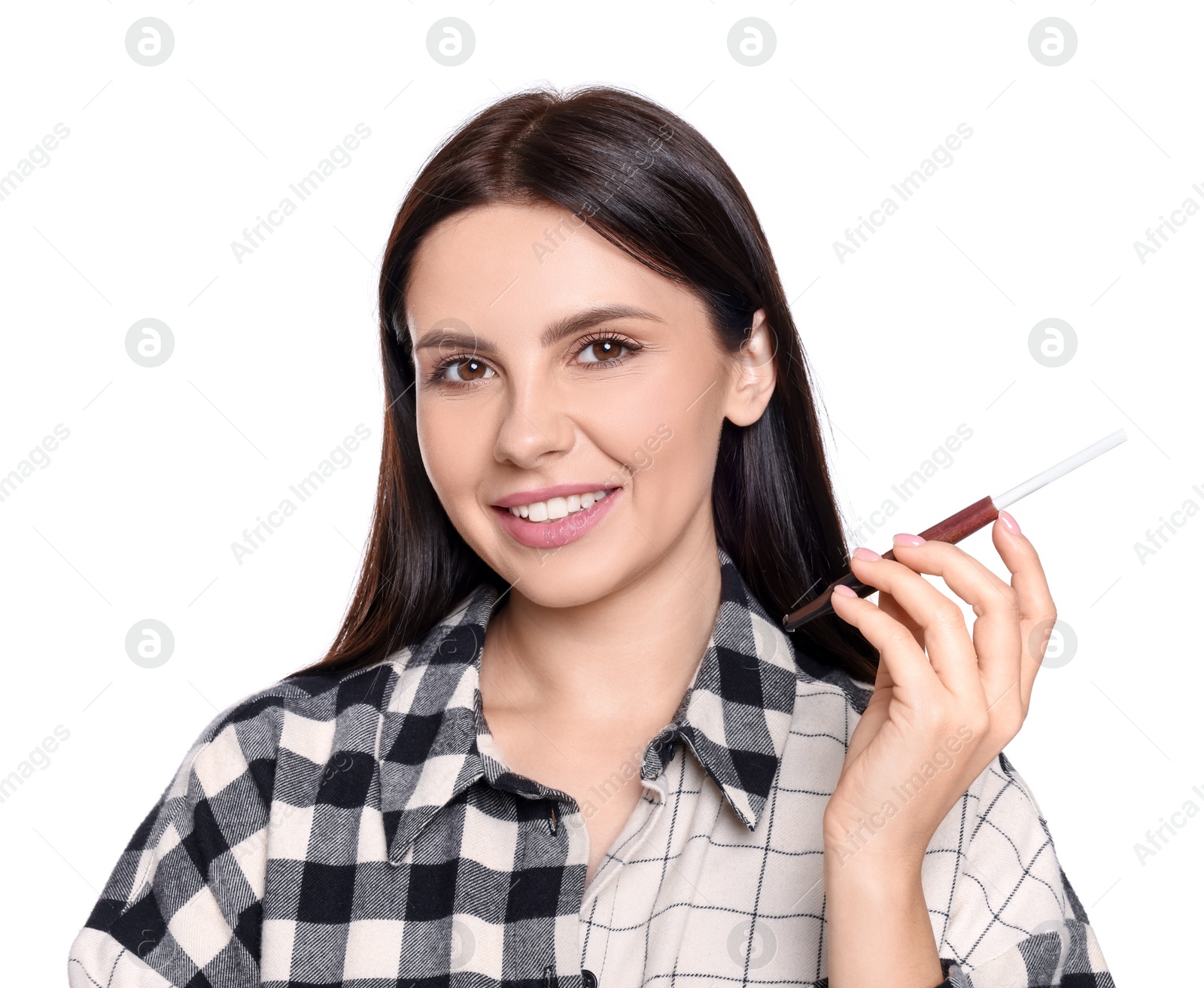Photo of Woman using cigarette holder for smoking isolated on white
