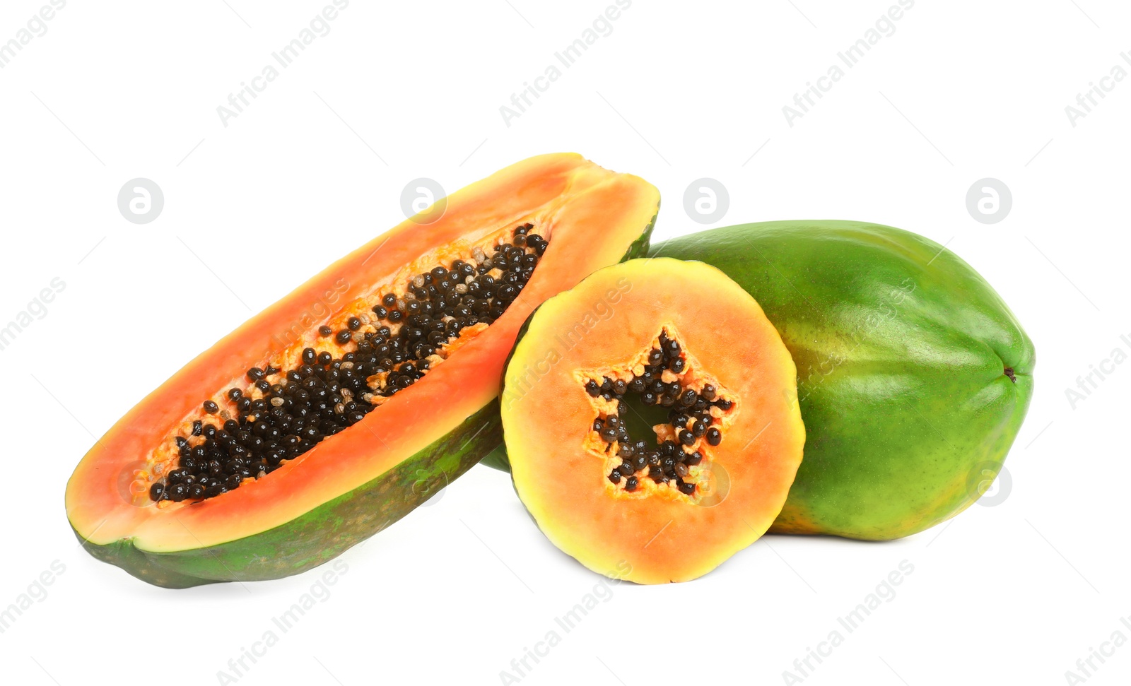 Photo of Fresh juicy ripe papayas on white background