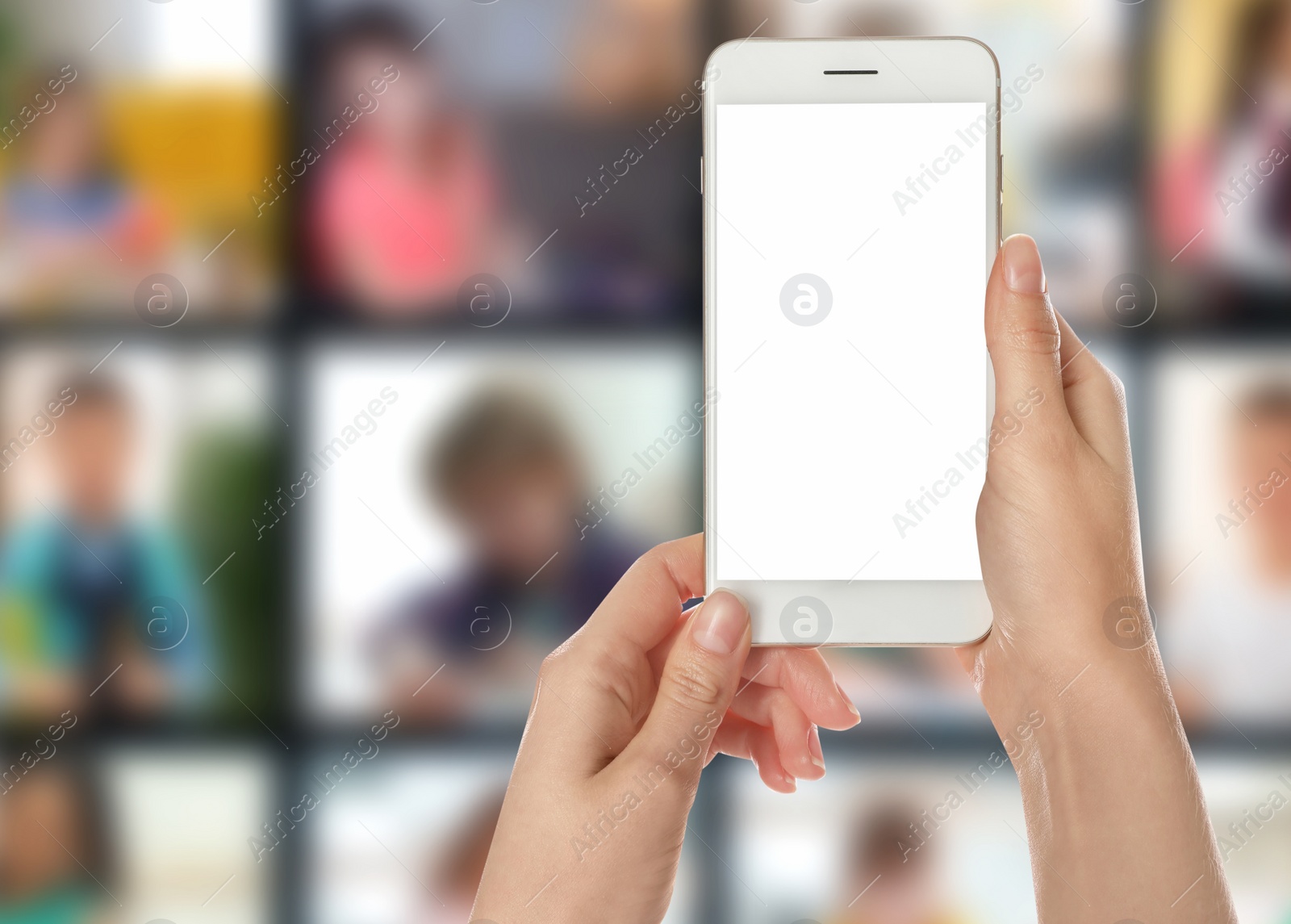 Image of Distance education. Teacher using phone for online lesson during quarantine and lockdown due coronavirus pandemic, closeup