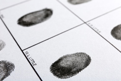 Fingerprint record sheet, closeup view. Criminal investigation