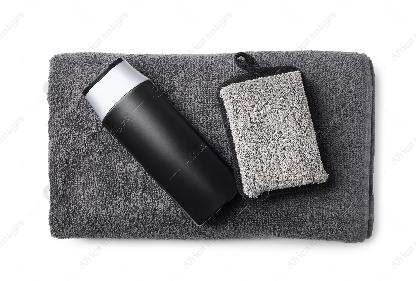 Photo of Shower gel, towel and bast wisp isolated on white, top view. Men's cosmetics