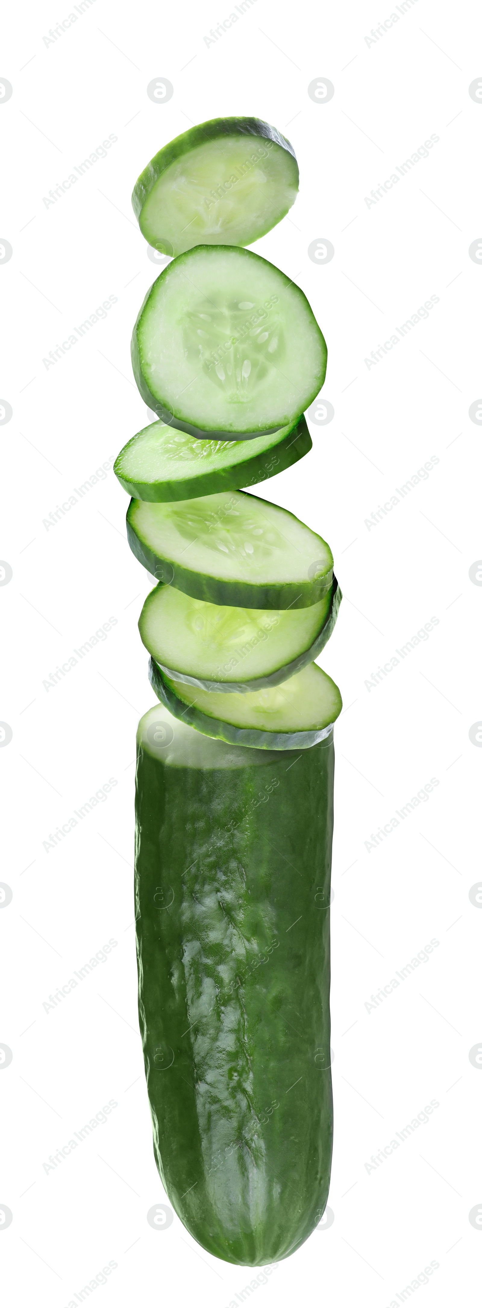 Image of Cut fresh ripe cucumber on white background. Vertical banner design