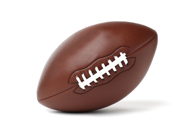 Photo of Leather American football ball on white background